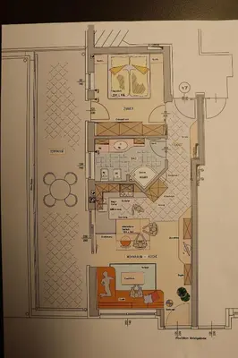 a drawing of a floor plan of a house at Ferienwohnung mit Garage, Fahrradraum und sehr großer sonnenverwöhnten Terrasse in Lagundo
