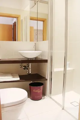 a bathroom with a sink and a toilet and a mirror at Hotel Gruberhof in Merano
