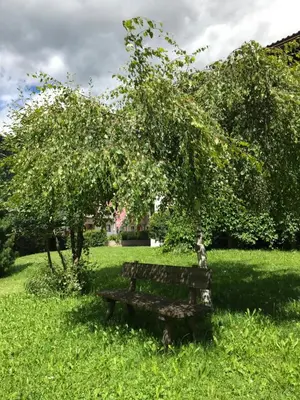 two blue chairs sitting in the grass at Haus Michael in Villabassa