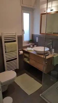 a bathroom with a sink and a toilet and a mirror at viaDolceVita - Grüne Gästewohnung in Lana