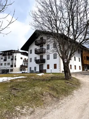 a large white building with a tree in front of it at Casa Cristallo in Cortina dʼAmpezzo