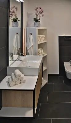 a bathroom with a white sink and a mirror at Panoramaresidence Hafling in Avelengo