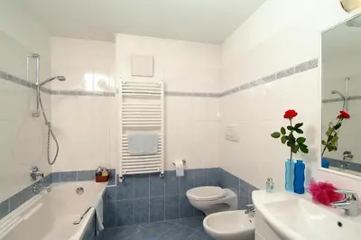a bathroom with a toilet and a sink and a tub at Cèsa Bel Seren in Campitello di Fassa