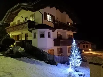 a christmas tree in front of a house at night at Apartment El Cor in Taibon
