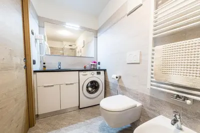 a bathroom with a washing machine and a sink at Cèsa Baissa in Campitello di Fassa