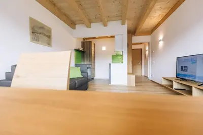 a living room with a couch and a flat screen tv at Baumgartnerhof Sauvigon in Cortaccia