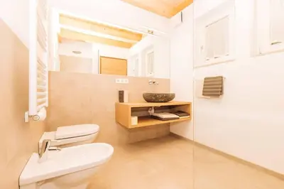 a bathroom with a white toilet and a sink at Baumgartnerhof Sauvigon in Cortaccia