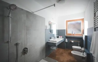 a bathroom with a sink and a toilet and a shower at Dolce Vita Apartment in Valdaora