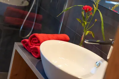 a bathroom with a sink and a vase with a red towel at Ferienwohnungen Ortsried in Nalles
