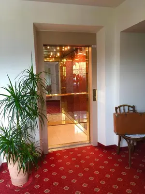 a lobby with a door and a potted plant at Hotel Turmwirt in Ora/Auer