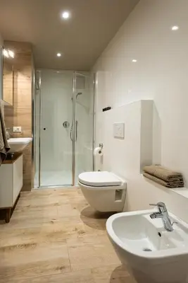 a bathroom with a toilet and a sink and a shower at Avista Apartments Sky in Merano