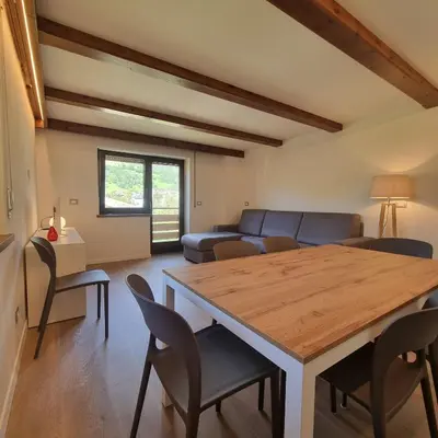 a living room with a table and a couch at Casa Tura San Vigilio in San Vigilio Di Marebbe