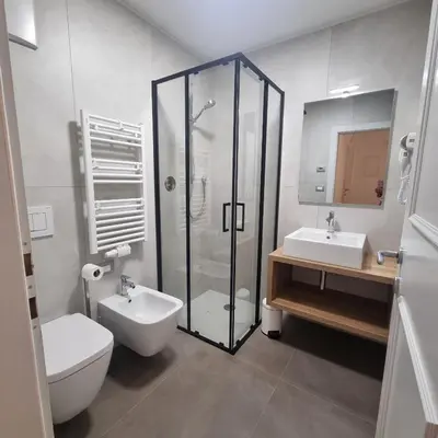 a bathroom with a shower and a toilet and a sink at Casa Tura San Vigilio in San Vigilio Di Marebbe