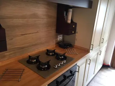 a kitchen with a stove with three cats on it at La Mansarda di Sabina. in Fiera di Primiero
