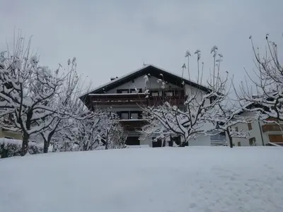 a house with snow covered trees in front of it at La Mansarda di Sabina. in Fiera di Primiero