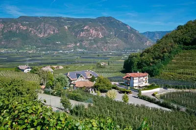 an estate in a vineyard with mountains in the background at Hotel Unterrain in Appiano sulla Strada del Vino
