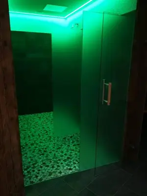 a green room with a glass door with a floor at Radauerhof in Castelrotto