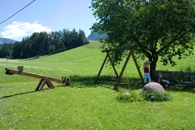 a man standing next to a swing set under a tree at Radauerhof in Castelrotto