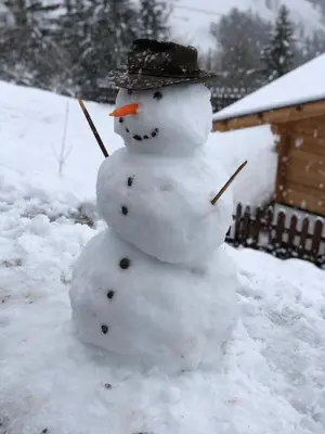 a snowman with a hat sitting in the snow at Niederhaushof in Santa Valburga St. Walburg