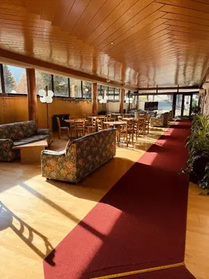 a large room with wooden cabinets and a rug at Il Cirmolo delle Saline in Falcade