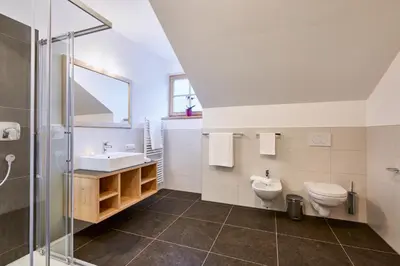 a bathroom with a toilet and a sink and a shower at Huberhof in San Lorenzo di Sebato