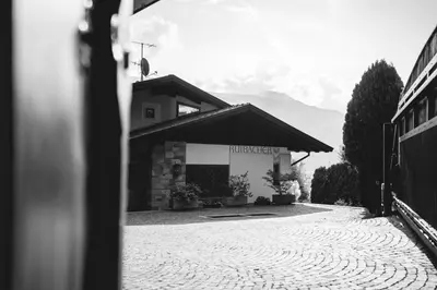 a black and white photo of a building at Der Ruibacher in Marlengo