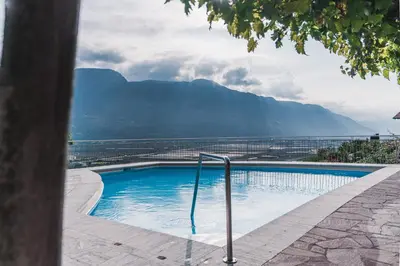 a swimming pool with a mountain in the background at Der Ruibacher in Marlengo