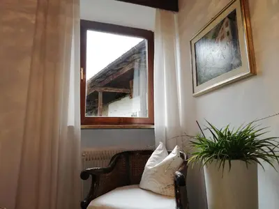 a chair in a room with a window and a plant at Ansitz Grustdorf in Appiano sulla Strada del Vino
