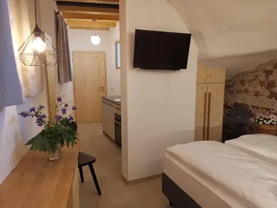 a bedroom with a bed and a kitchen with a tv at Ansitz Grustdorf in Appiano sulla Strada del Vino