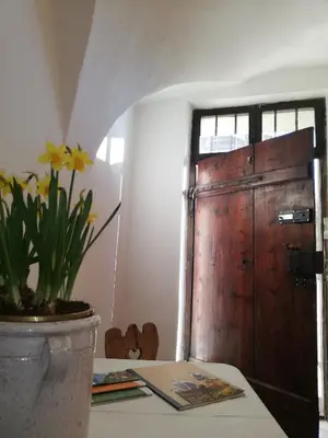 a door in a room with a table and a potted plant at Ansitz Grustdorf in Appiano sulla Strada del Vino