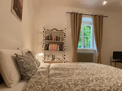 a bedroom with a bed and a book shelf at Cozy Apartment in a Historic Villa in Merano