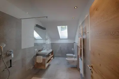 a bathroom with a toilet and a sink and a mirror at Apartments Kaserott in Villnoss