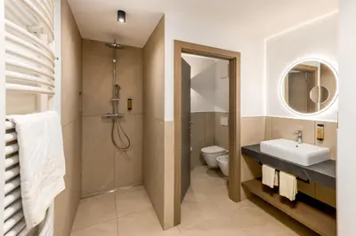 a bathroom with a shower and a sink and a toilet at MONTARA living mountain air in Terento