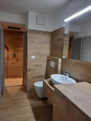 a bathroom with a sink and a toilet and a shower at Vacanzemoena - Casa al Parco, tipologia 1 in Moena