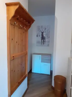 a hallway with a wooden door and a blue cabinet at Vacanzemoena - Casa al Parco, tipologia 1 in Moena