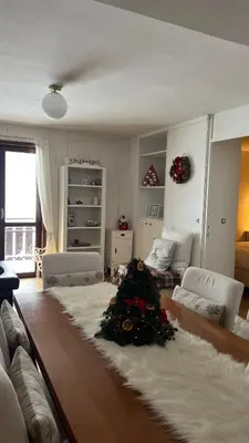a living room with a christmas tree on a rug at Appartamento San Pellegrino in Passo San Pellegrino