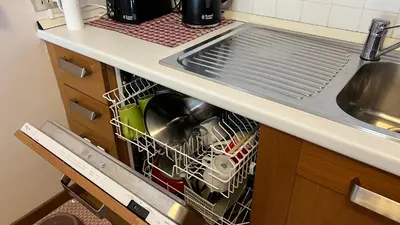 a dish drying rack under a sink in a kitchen at Appartamento San Pellegrino in Passo San Pellegrino