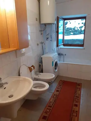 a bathroom with a white toilet and a sink at Vacanzemoena - Casa del Moro in Moena
