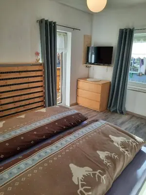 a bedroom with a bed and a tv and a window at Appartamento Casa Montagna Lory in Pozza di Fassa