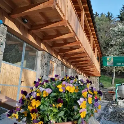 a pot of flowers sitting under a wooden porch at NEUE Ferienwohnungen auf dem Gebreitnerhof, Urlaub auf dem Bauernhof in Bressanone