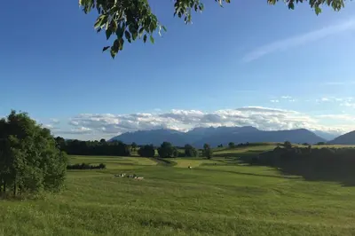a field of green grass with mountains in the background at Residence Bellavista in Fondo