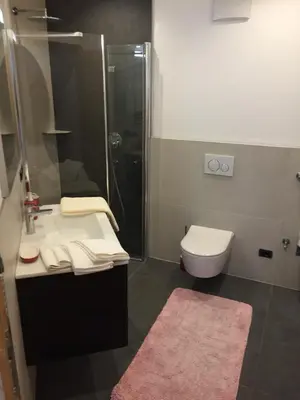 a bathroom with a sink and a shower and a toilet at Cësa Gredine in Ortisei