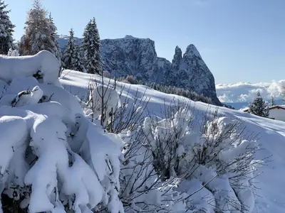 a snow covered field with a mountain in the background at Binterhof in Castelrotto
