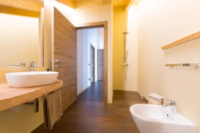 a bathroom with a white sink and a toilet at Latemar Fiemme Apartments in Tesero