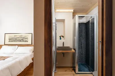 a bedroom with a bed and a shower and a sink at La casa! in Vigo di Fassa