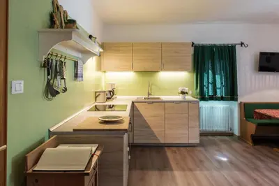 a kitchen with green walls and wooden cabinets at Arzenhof, Baron Di Pauli in Caldaro
