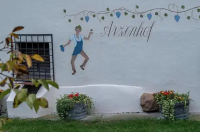 a mural on the side of a building with a woman holding a drink at Arzenhof, Baron Di Pauli in Caldaro