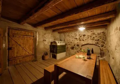 a large room with a wooden table and an oven at Schwarzhaus in Monticolo