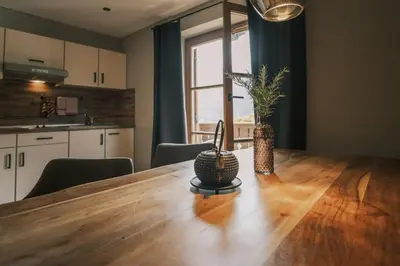 a dining room table with a potted plant on it at Apartments Moarhof in Feldthurns