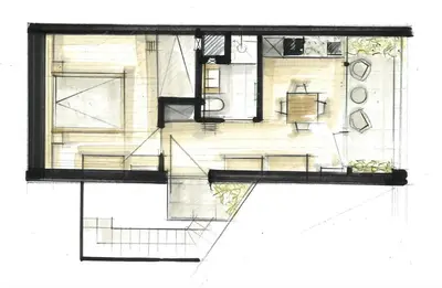 a black and white drawing of a floor plan at haus urban in Barbiano